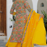 Green Cotton Floral Printed Kurta Set With Yellow Palazzo And Dupatta