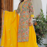 Green Cotton Floral Printed Kurta Set With Yellow Palazzo And Dupatta