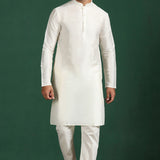 White Cotton Blend Solid Sherwani Set