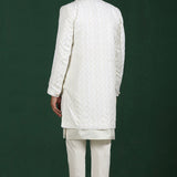 White Cotton Blend Solid Sherwani Set