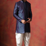 Navy Blue Jacquard Solid Sherwani Set