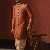 Dark Orange Cotton Blend Printed Sherwani Set