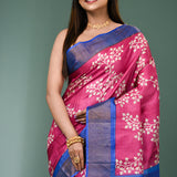 Pink Tussar Silk Saree With Printed Floral Jaal