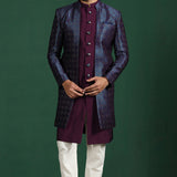 Deep Purple And White Solid Jacquard Sherwani Set