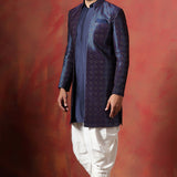 Navy Blue Jacquard Solid Sherwani Set