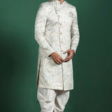 Ceramic White Cotton Blend Printed Sherwani Set