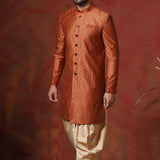 Dark Orange Cotton Blend Printed Sherwani Set