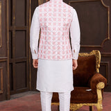 White Art Banarasi Silk Kurta Set With Digital Printed Jacket