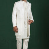 White Cotton Blend Solid Sherwani Set