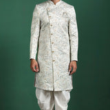 Ceramic White Cotton Blend Printed Sherwani Set