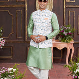 Mint Green Art Banarasi Silk Kurta Set With Digital Printed Jacket