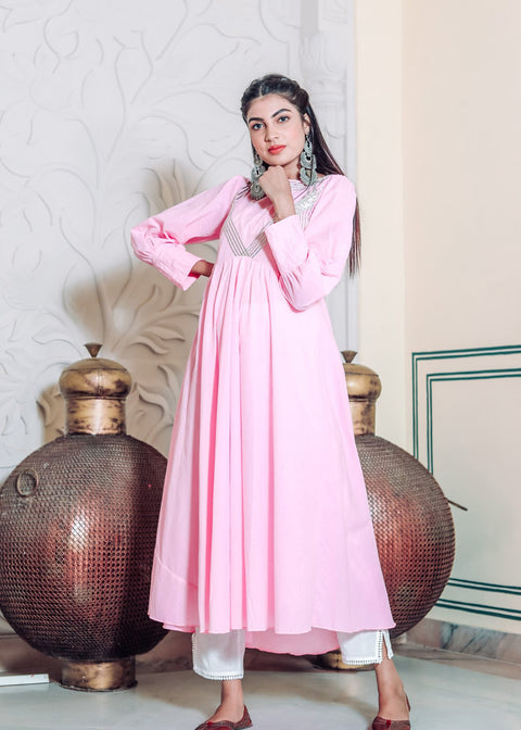 <img> Light Pink Cotton Rayon Anarkali Set