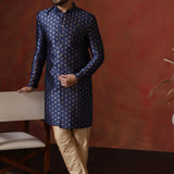 Dark Blue Printed Cotton Blend Sherwani Set