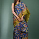 Cobalt Blue Tussar Silk Saree With Printed Floral Jaal
