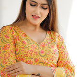Yellow Cotton Floral Printed Kurta And Palazzo Set