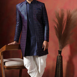 Navy Blue Jacquard Solid Sherwani Set