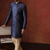 Dark Blue Printed Cotton Blend Sherwani Set