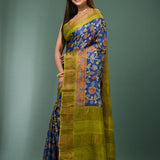 Cobalt Blue Tussar Silk Saree With Printed Floral Jaal