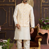 Cream Yellow Art Banarasi Silk Kurta Set With Jacket