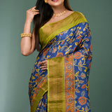 Cobalt Blue Tussar Silk Saree With Printed Floral Jaal