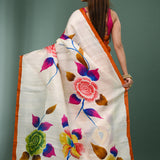 Bright White Pure Silk Saree With Floral Paint