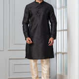 Black Solid Dupion Silk Kurta Set