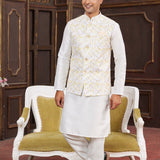 Cream Art Banarasi Silk Kurta Set With Yellow Jacket