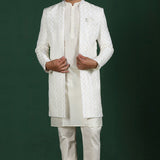 White Cotton Blend Solid Sherwani Set
