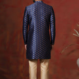 Dark Blue Printed Cotton Blend Sherwani Set