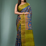 Cobalt Blue Tussar Silk Saree With Printed Floral Jaal