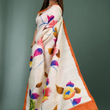 Bright White Pure Silk Saree With Floral Paint