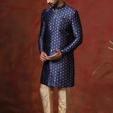 Dark Blue Printed Cotton Blend Sherwani Set