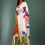 Bright White Pure Silk Saree With Floral Paint