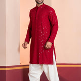 Red Cotton Silk Embroidered Patiala Set