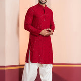 Red Cotton Silk Embroidered Patiala Set
