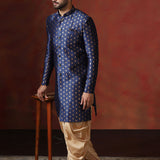 Dark Blue Cotton Blend Printed Sherwani Set
