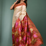 Cream Tussar Silk Saree With Vibrant Floral Prints