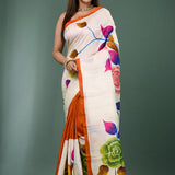 Bright White Pure Silk Saree With Floral Paint
