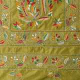 Muted Greenish Yellow Blended Silk Kantha Stitched Saree