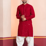 Red Cotton Silk Embroidered Patiala Set