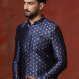 Dark Blue Cotton Blend Printed Sherwani Set