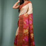 Cream Tussar Silk Saree With Vibrant Floral Prints