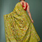 Muted Greenish Yellow Blended Silk Kantha Stitched Saree