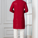 Dark Red Cotton Silk Embroidered Kurta Set