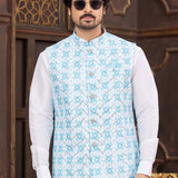 Off-White Art Banarasi Silk Kurta Set With Digital Printed Jacket
