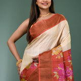 Cream Tussar Silk Saree With Vibrant Floral Prints