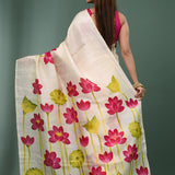 White Pure Silk Saree With Floral Paint