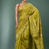 Muted Greenish Yellow Blended Silk Kantha Stitched Saree