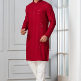 Dark Red Cotton Silk Embroidered Kurta Set