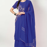Royal Blue Georgette Floral Embroidered Kurti Set